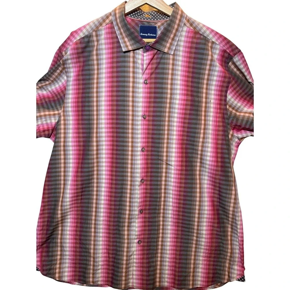 Tommy Bahama Mens XL Plaid Long Sleeve Button‎ Down Shirt Pink Brown Gray Cotton